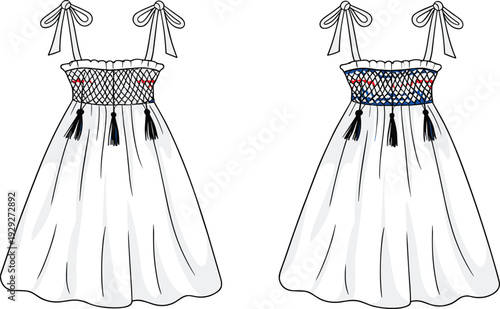 Bohemian summer dress illustration set with bow straps, embroidered bodice and tassel details in soft neutral tones isolated on light background for fashion design