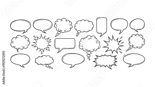 Speech Bubbles: Diverse collection of empty speech bubbles, each ready to convey unique messages. Ideal for illustrating thoughts, dialogues, and creative storytelling.