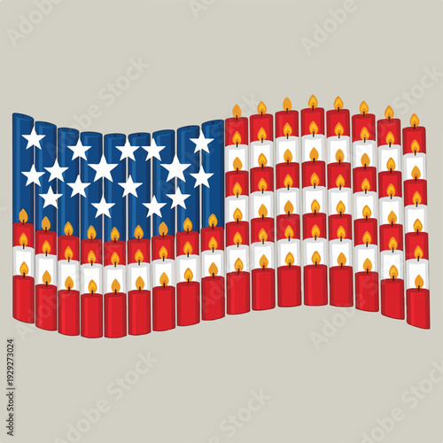 A waving flag design created with red, white, and blue lit candles