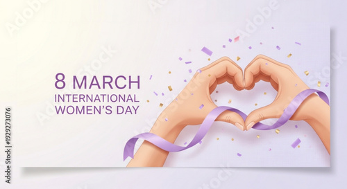 Hands forming heart shape with purple ribbon for international women's day celebration on march 8th