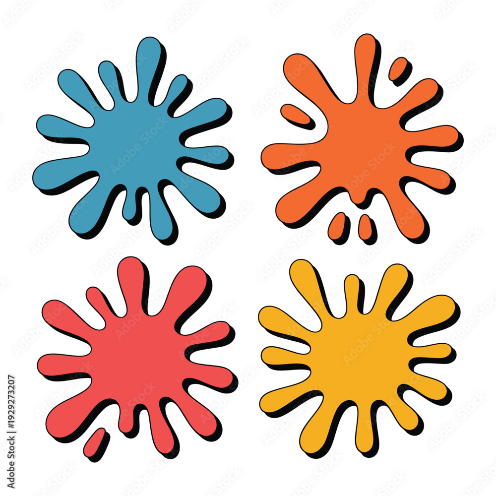 Obraz premium Colorful Paint Splatters: A vibrant arrangement of four abstract paint splatters in various colors, each with its unique shape and character, ready to add a burst of creativity to your designs.