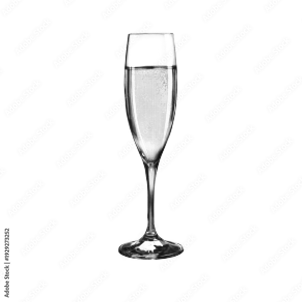 Obraz premium Halftone champagne flute with sparkling wine isolated on white background. Dotted monochrome glass for celebration, toast, party, wedding and luxury drink concept.