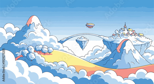 A whimsical, cartoon-style landscape featuring a floating airship and mountain town
