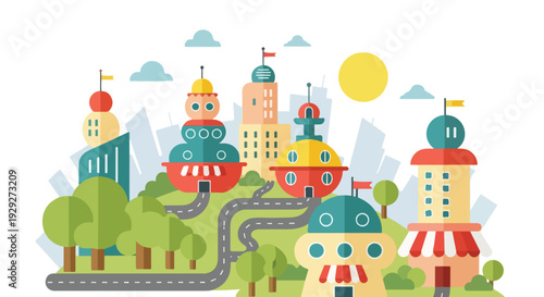 A whimsical city scene with unique buildings, roads, trees, and the sun