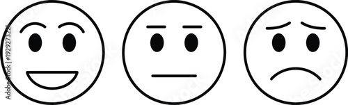 Minimal line emoji faces set showing happy, neutral and sad expressions in black outline style isolated on light background for feedback and rating design