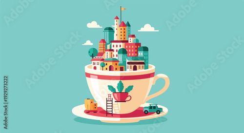 A whimsical city scene sits inside a teacup on a serene turquoise backdrop