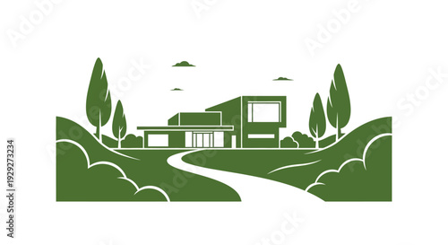 Modern House Illustration with Green Landscape.