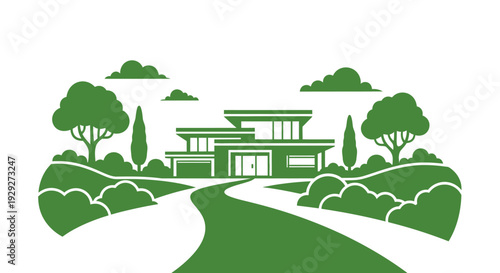 Modern House Illustration with Green Landscape.