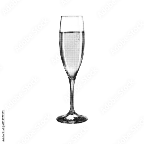 Halftone champagne flute with sparkling wine isolated on white background. Dotted monochrome glass for celebration, toast, party, wedding and luxury drink concept.