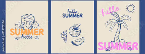 Hello Summer greeting card set with doodle vacation elements in line style. Hand drawn ice cream, sand castle, palm tree. Suitable for branding, packaging, posters and seasonal design.