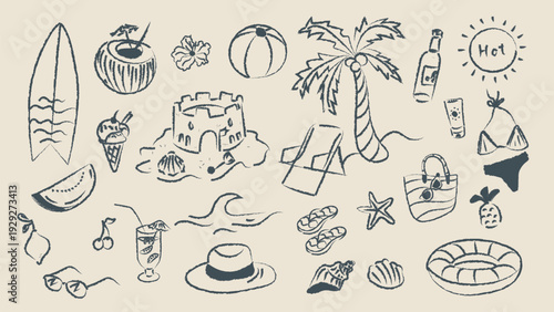 Summer doodle set with beach and vacation elements in crayon style. Hand drawn palm tree, surfboard, swimsuit, ice cream, tropical drinks and seaside icons isolated on light background. Suitable for b