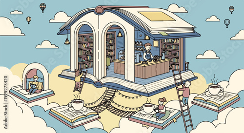 A whimsical illustration of a bookstore built inside a giant book, floating in the sky