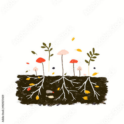 Underground Mycelium Network Linking Forest Mushrooms