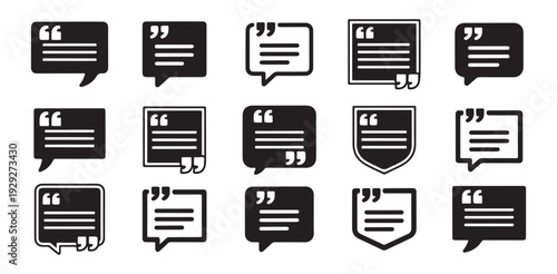 Quote bubble icon set black message boxes with quotation marks vector graphic illustration