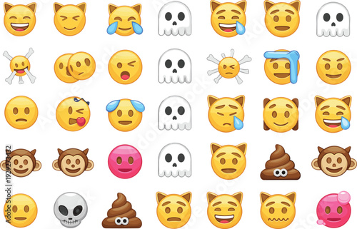 Cute emoji faces icon set with cat expressions, skull, ghost, monkey, poop and funny emoticons isolated on light background for messaging and social media