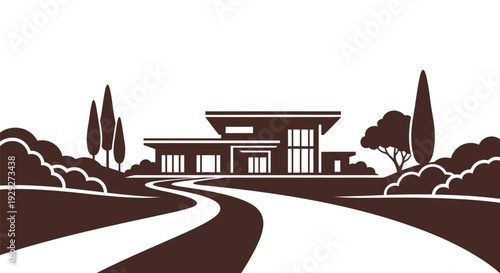 Modern House Illustration with Pathway and Trees.