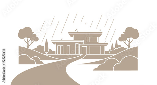 Modern House Illustration with Rainy Landscape.