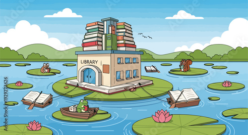 A whimsical library floats on a lake, surrounded by flora and fauna reading