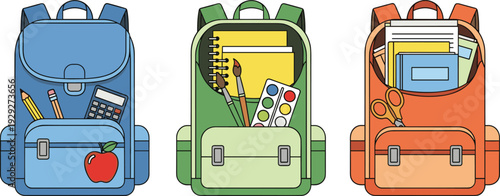 Vector Illustration of Colorful School Backpacks with School Supplies