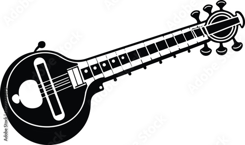 Indian Veena Musical Instrument Icon Black Silhouette Traditional Classical String Instrument Flat Vector Illustration Isolated on White Background