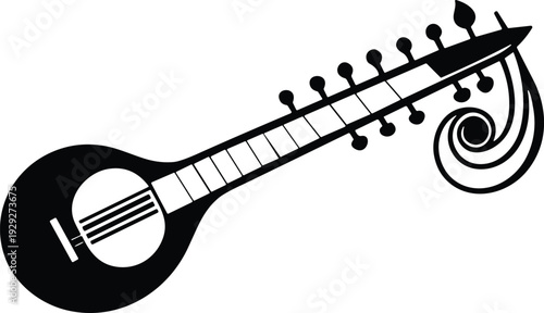Indian Sitar Musical Instrument Icon Black Silhouette Traditional String Instrument Flat Vector Illustration Isolated on White Background