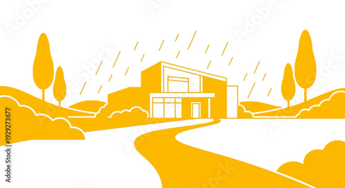 Modern House Illustration with Rainy Landscape.