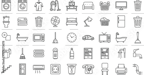 Household items, furniture, cleaning tools, appliances, bathroom essentials, kitchen equipment, home decor, utilities, interior design, domestic icons collection