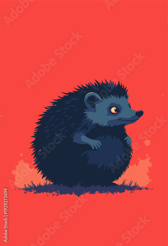 Hedgehog rolled into ball, but opening tiny gap to reveal one glowing, intense manga eye darkness High contrast ink work Solid red background ample negative space
