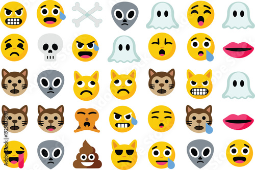 Funny emoji and cat face icon set with ghost, alien, skull, lips and poop emoticons isolated on light background for social media messaging design