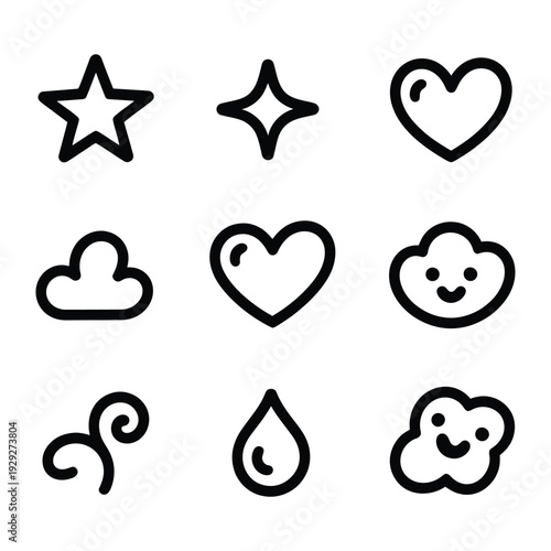 Whimsical Icons: A collection of charming line art icons featuring stars, hearts, clouds, and a water drop, ideal for adding a touch of delight to any design project.