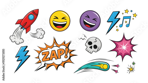 Comic Illustration Collection: A vibrant compilation of comic elements explodes with visual energy, featuring rockets, emojis, lightning bolts, musical notes, explosive speech bubbles.