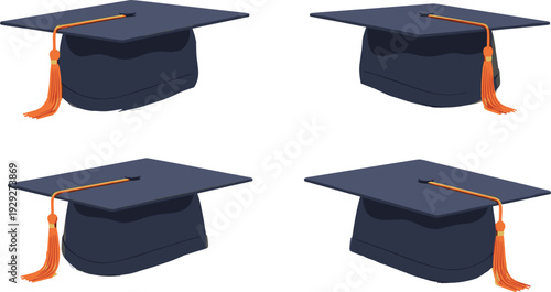 Vector Illustration of Graduation Caps with Tassels in Different Angles