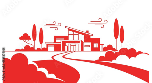 Modern House Illustration with Red Color Scheme.