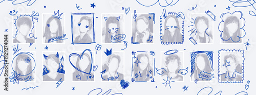 Photocard collage template with hand drawn doodles on photos, graduation yearbook layout. Graduating class school album pictures with pen scribbles, college graduation ceremony photo vector mockup