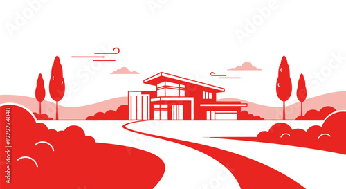 Modern House Illustration with Red Color Scheme.