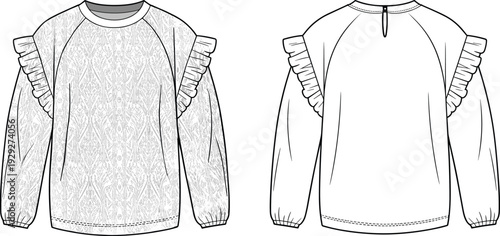 Long sleeve blouse illustration with ruffle shoulder details and textured fabric pattern in minimal line art style isolated on light background for fashion design