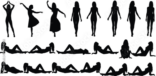 Female Silhouette Collection Set Dancing Walking Reclining Poses Black Vector Illustration Isolated on White Background for Design Projects