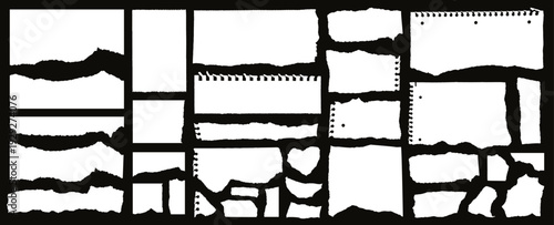 Torn paper scraps, blank notebook sheets with ragged edges. Ripped pieces of paper, book page or letter shreds, sticky note scraps, damaged paper strips, collage or scrapbooking vector elements set