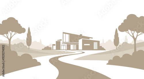 Modern House Illustration with Road and Trees.