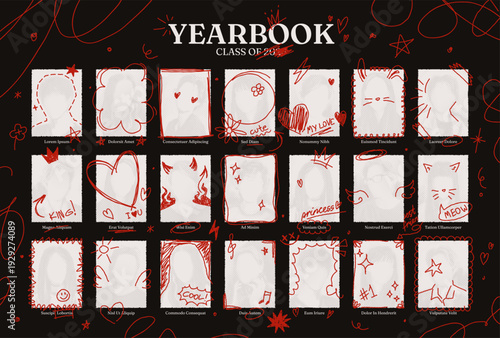 Graduation yearbook template with hand drawn doodles on photos. School album layout design, graduating class portrait pictures with funny pen scribbles, college graduation ceremony photo vector mockup