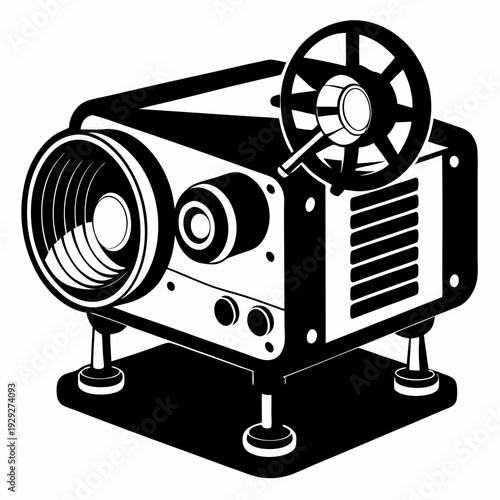 Vintage film projector retro movie cinema equipment classic black and white illustration