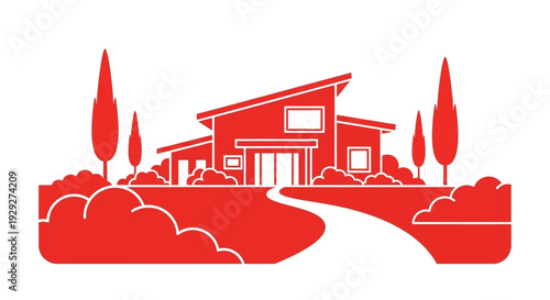 Modern House Illustration with Trees and Bushes.