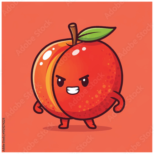 A cartoon peach character with an angry expression, standing on a solid orange background, illustrated in a digital comic style with vibrant warm tones. Perfect for children's books,
