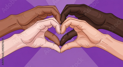Diverse hands forming heart shape on purple background symbolizing unity love and inclusivity with four people