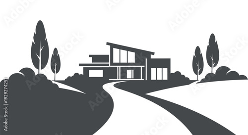 Modern House Illustration with Trees and Driveway.