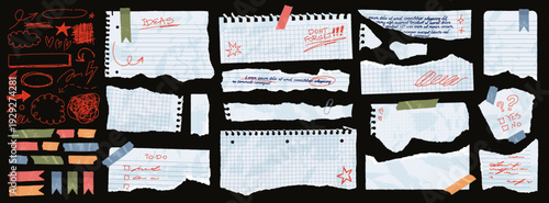 Realistic torn paper scraps with hand drawn doodles, crumpled memo notes with adhesive tape. Pen scribbles on ripped notebook sheets, paper shreds with damaged edges, collage vector elements set