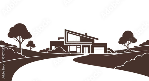 Modern House Illustration with Trees and Driveway.