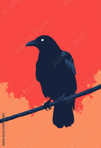 Crow perched wire, looking down superior, scheming manga expression crow is heavy black silhouette single white glowing eye Diagonal wire cutting across red sky Room text