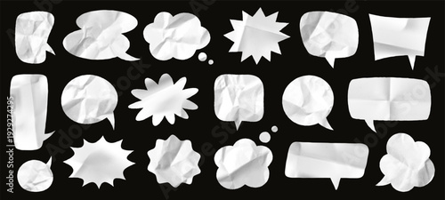 Crumpled paper speech bubbles with torn edges, blank chat balloons in various shapes. Realistic dialog balloon with wrinkled paper texture, cut out cloud bubble, conversation message mockup vector set