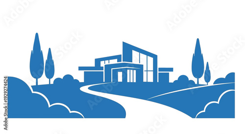 Modern House Illustration with Trees and Hills.